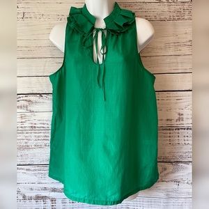 Green Linen Ruffle Tie Collar Short-sleeve Blouse